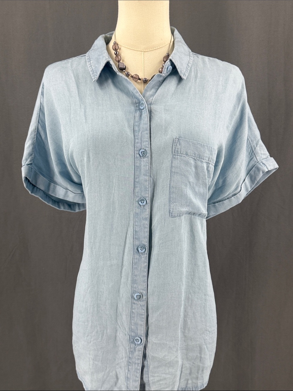 Women's Light Blue Short-Sleeve Button Down Shirt - Classic Collared Top